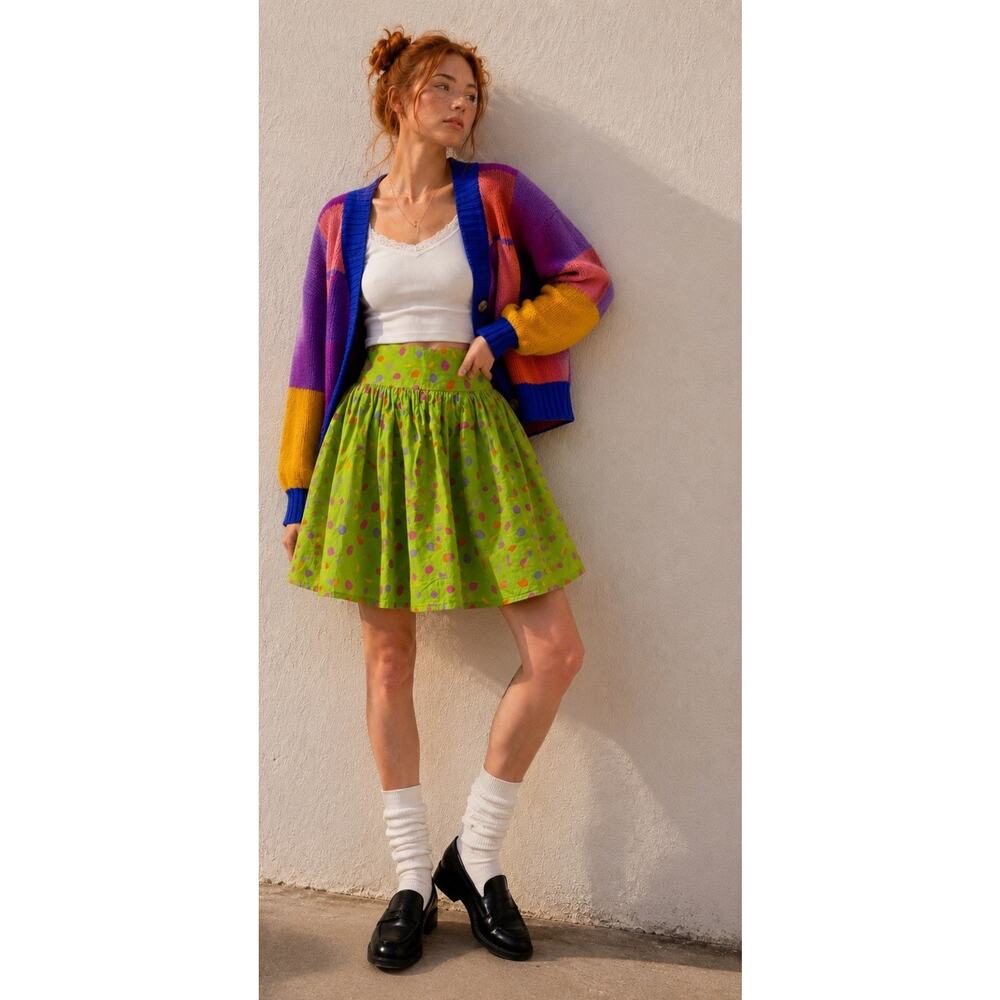 VTG United Colors Of Benton Skirt IT 46 Bright Green Polka Dot Cotton High Waist